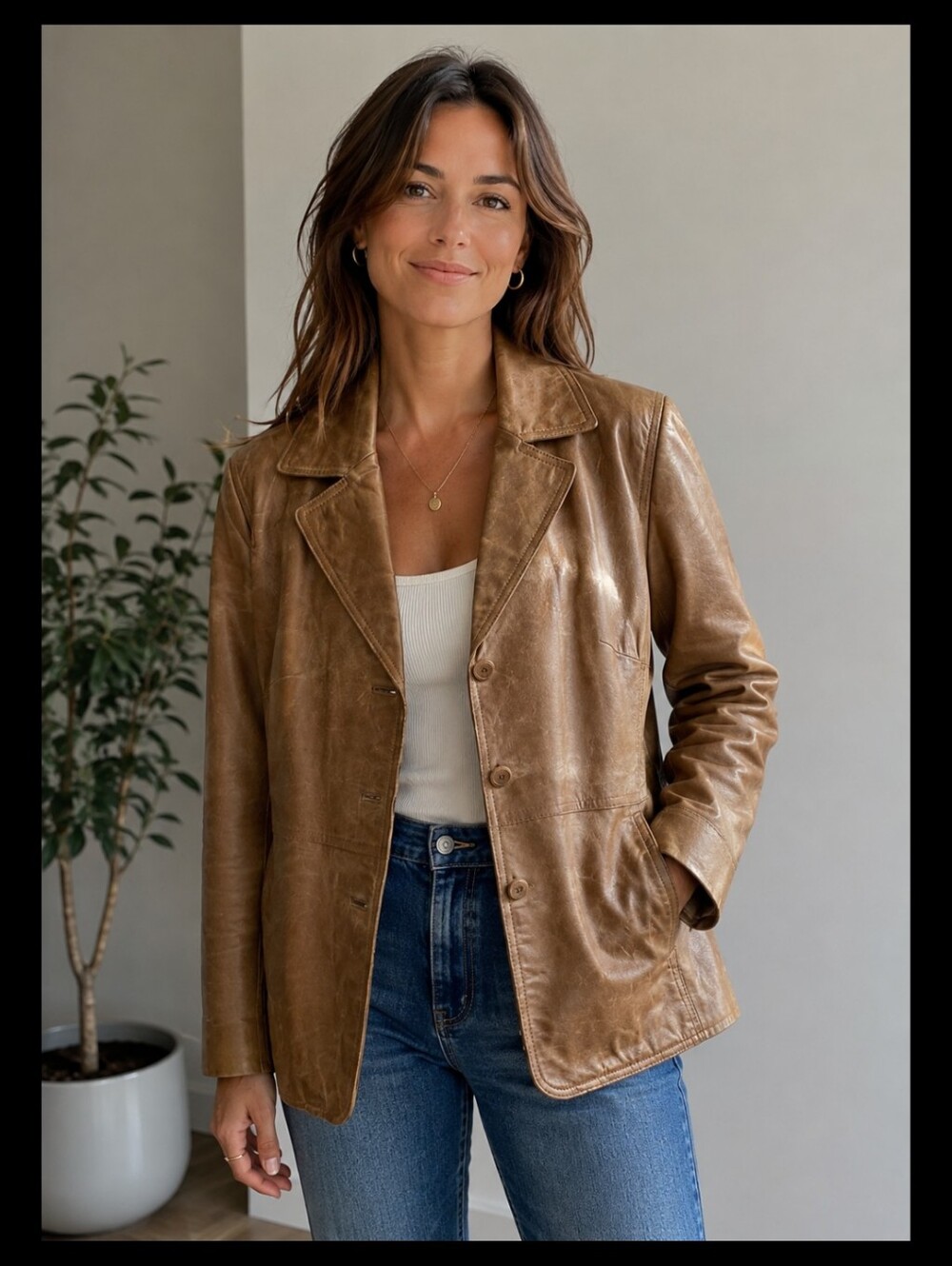 Vintage Nine West Calvin Klein 100% Leather Brown Button Down Long Sleeve Jacket